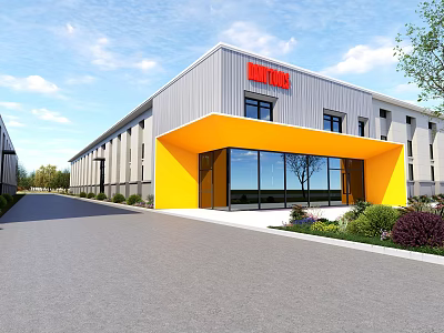 Modern Industrial Factory Building With Yellow Entrance And Large Glass Windows 3d model