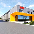Modern Industrial Factory Building With Yellow Entrance And Large Glass Windows