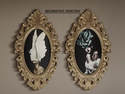 Abstract Decorative Paintings With Ornate Gold Frames And Headdress Artwork 3d model