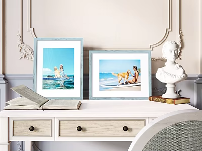 Elegant Blue Frames With Beach Photos On White Desk With Open Book And Bust Statue 3d model