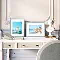 Elegant Blue Frames With Beach Photos On White Desk With Open Book And Bust Statue