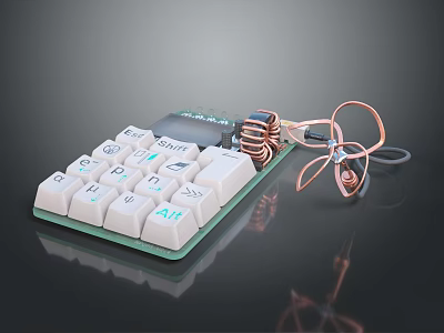 Electronic Device Keyboard With White Keys Green Circuit Board And Copper Coils 3d model
