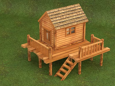 Wooden Detached House With Deck Staircase And Shingle Roof On Grass Lawn 3d model