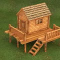 Wooden Detached House With Deck Staircase And Shingle Roof On Grass Lawn