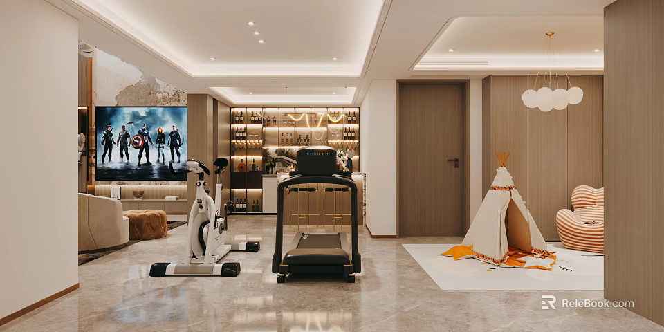 Modern Entertainment Room With Gym Equipment Home Theater And Kids Teepee 3d model 