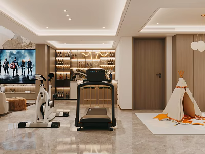 Modern Entertainment Room With Gym Equipment Home Theater And Kids Teepee 3d model