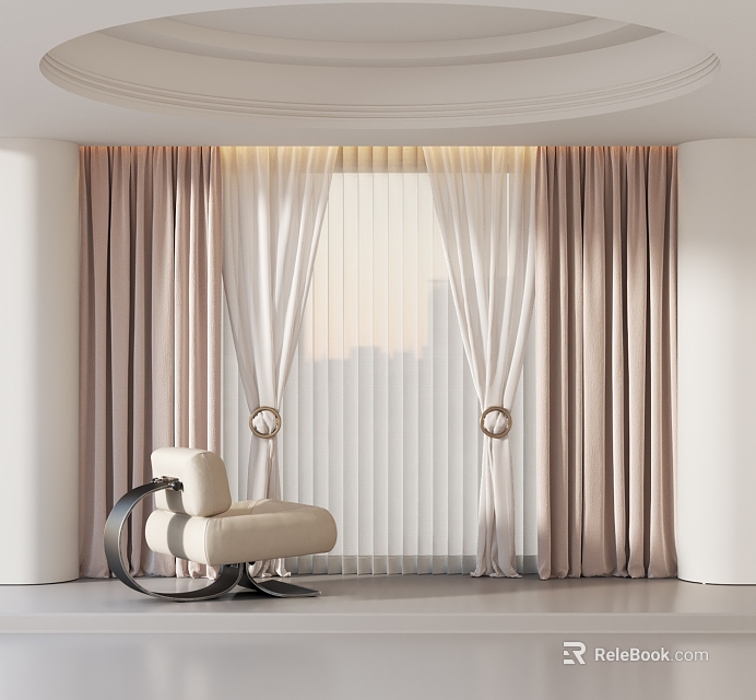 Light Beige Sheer And Velvet Curtains In Modern Living Room With Armchair And City View 3d model 