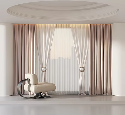 Light Beige Sheer And Velvet Curtains In Modern Living Room With Armchair And City View 3d model