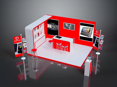 Household Items Display Booth With Red And White Design Screens Stools And Brochures 3d model