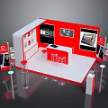 Household Items Display Booth With Red And White Design Screens Stools And Brochures