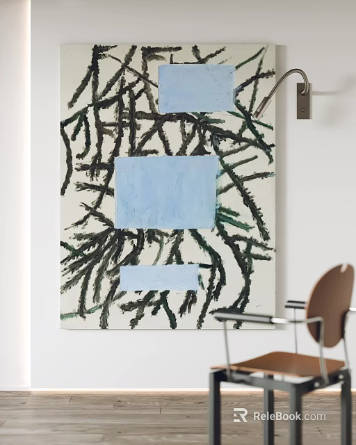 Abstract Painting With Black Branch Like Lines And Blue Rectangular Blocks On White Background 3d model