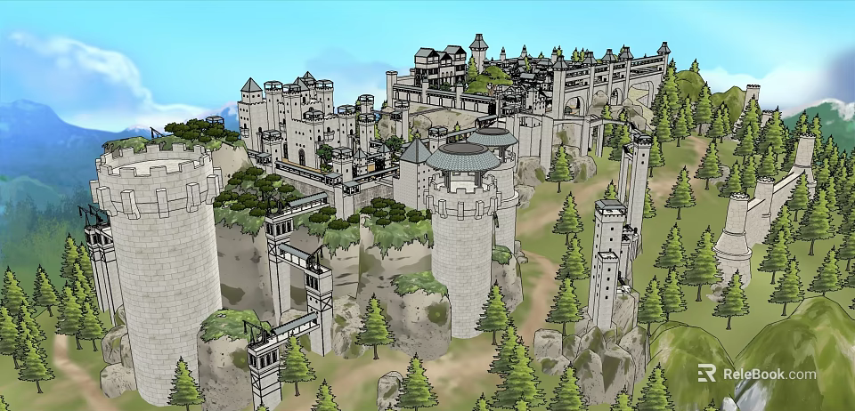 Old Stone Medieval Castle Standing On Hill With Lush Green Trees Around 3d model 
