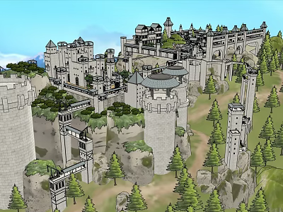 Old Stone Medieval Castle Standing On Hill With Lush Green Trees Around 3d model