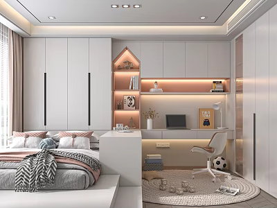 Modern Tatami Bedroom Interior With White Cabinets Desk Chair Bookshelf And Decorative Lighting 3d model