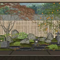 Japanese Zen Garden Design With Bamboo Fence Red Maple Tree Stone Lantern And Moss