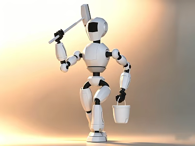 Contemporary Decorative Ornament Set Featuring White Robot Holding Mop And Bucket 3d model