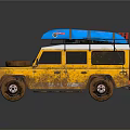 Vintage Yellow Muddy Off Road Vehicle With Roof Rack And Blue Kayaks