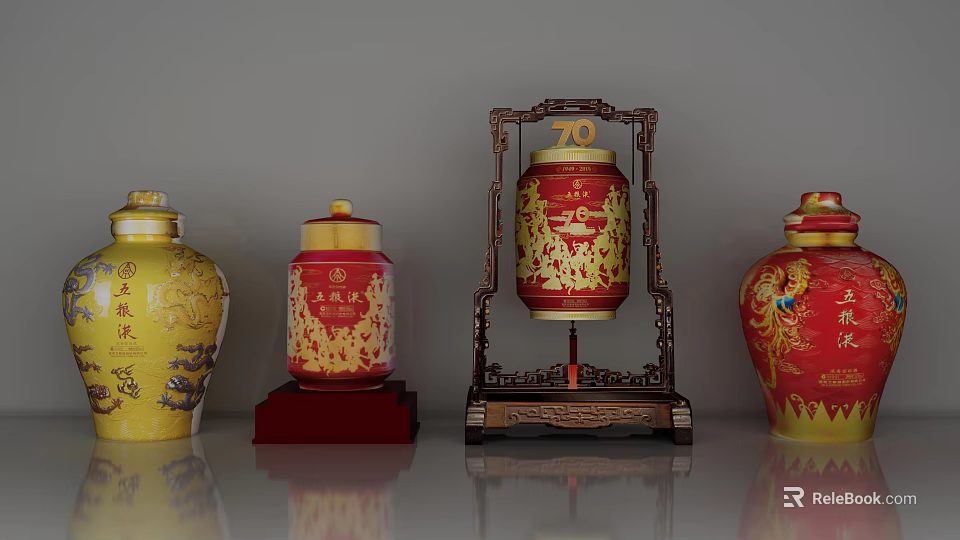 Traditional Yellow Red Wine Bottles With Golden Patterns Decorative 70 Lantern On Red Wooden Bases 3d model 