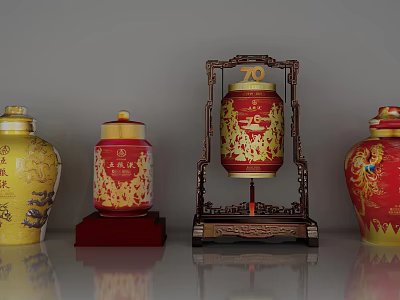 Traditional Yellow Red Wine Bottles With Golden Patterns Decorative 70 Lantern On Red Wooden Bases 3d model