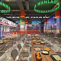 Modern Roadway Restaurant Interior With Neon Lights Vintage Posters Dining Tables And Food