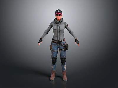 Workwear Character In Gray Hooded Jacket Blue Cargo Pants Knee Pads Tool Belt Brown Boots 3d model