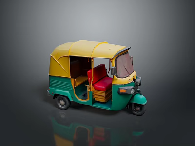 Small Tuk Tuk Model With Green Yellow Body Open Door And Red Seats 3d model