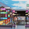 Vibrant Commercial Street Entrance With Neon Sign And Colorful Shop Signs