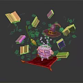 Flying Books Surrounding Magic Pot With Purple Wizard Hat Green Liquid And Red Cloth