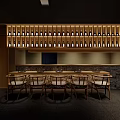 Modern Japanese Restaurant Interior With Wooden Tables Chairs Hanging Lights And Shoji Screens
