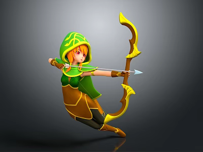 Elven Female Archer Wearing Green Hood Aiming Yellow Bow Arrow 3d model
