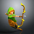 Elven Female Archer Wearing Green Hood Aiming Yellow Bow Arrow