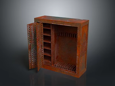 Rusty Metal Cabinet With Open Door And Internal Shelves Compartments Design 3d model