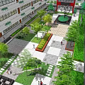 Urban Garden Landscape Design With Modern Building Green Plants Stone Pathways And Seating Area