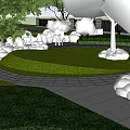 Park Landscape With Stone Path Colorful Flowers Green Lawn And Cherry Blossom Trees