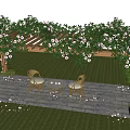 Pergola Adorned With Green Vines Pink Flowers And Golden Chairs On Stone Paved Lawn