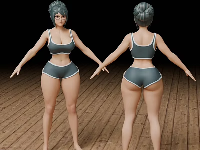 Woman in Gray Sports Bra and Shorts Standing on Wooden Floor Front Back View 3d model
