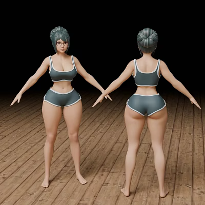 Woman in Gray Sports Bra and Shorts Standing on Wooden Floor Front Back View 3d model