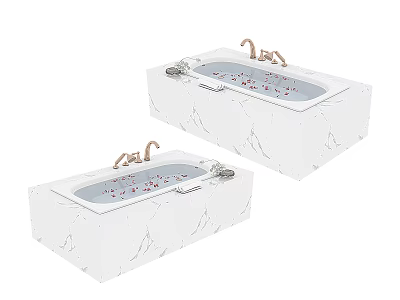 Two White Marble Bathtubs With Gold Faucets And Red Petals Inside 3d model