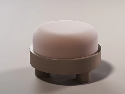 Contemporary Round Ottoman with Soft Light Pink Cushion and Natural Wooden Legs Design 3d model