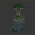 Cartoon Scene Of Block Built Green Tree With Exposed Roots On Miniature Stone Structure