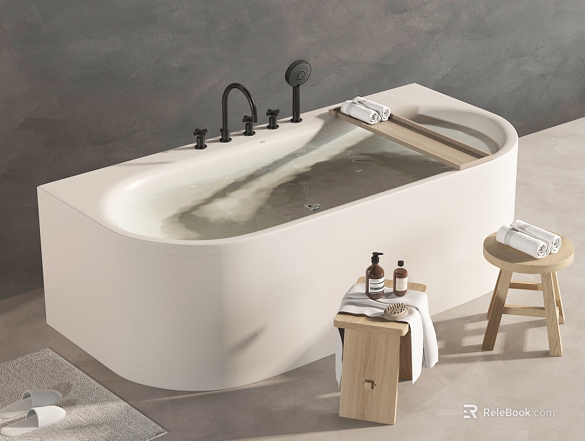 Stylish Modern White Bathtub With Black Faucet Wooden Stools Towels And Toiletries Nearby 3d model 