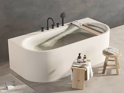 Stylish Modern White Bathtub With Black Faucet Wooden Stools Towels And Toiletries Nearby 3d model