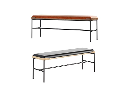 Modern Public Bench With Brown Leather And Black Seats On Metal Frame 3d model