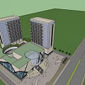 Modern Office Building Complex With Two Tall Towers Triangular Roof Plaza And Pedestrians