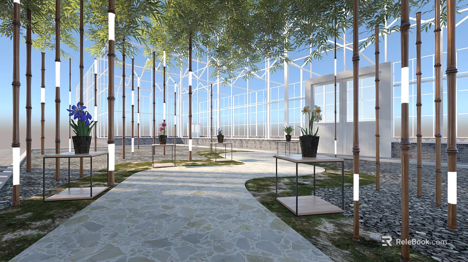 Modern Park Landscape Featuring Glass Walls Bamboo Stone Path Purple White Flowers Light Pillars 3d model 