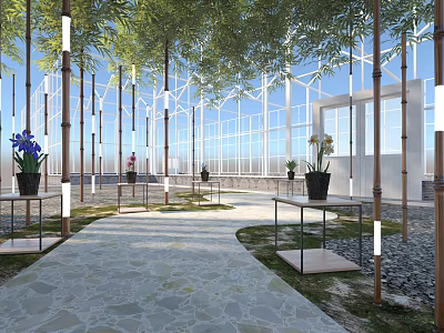Modern Park Landscape Featuring Glass Walls Bamboo Stone Path Purple White Flowers Light Pillars 3d model