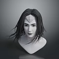 Woman with Long Black Hair and Diamond Forehead Detail 3D Model Portrait on Gray Background