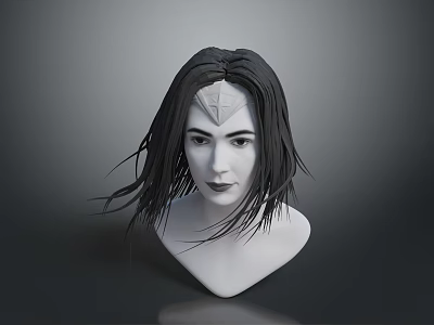 Woman with Long Black Hair and Diamond Forehead Detail 3D Model Portrait on Gray Background 3d model