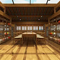Traditional Rustic Interior Space With Wooden Roof Skylights Stone Walls And Display Counter