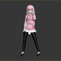 Anime Game Character With Pink Hair Red Eyes Pink Hoodie White Undershirt Black Leggings Sneakers
